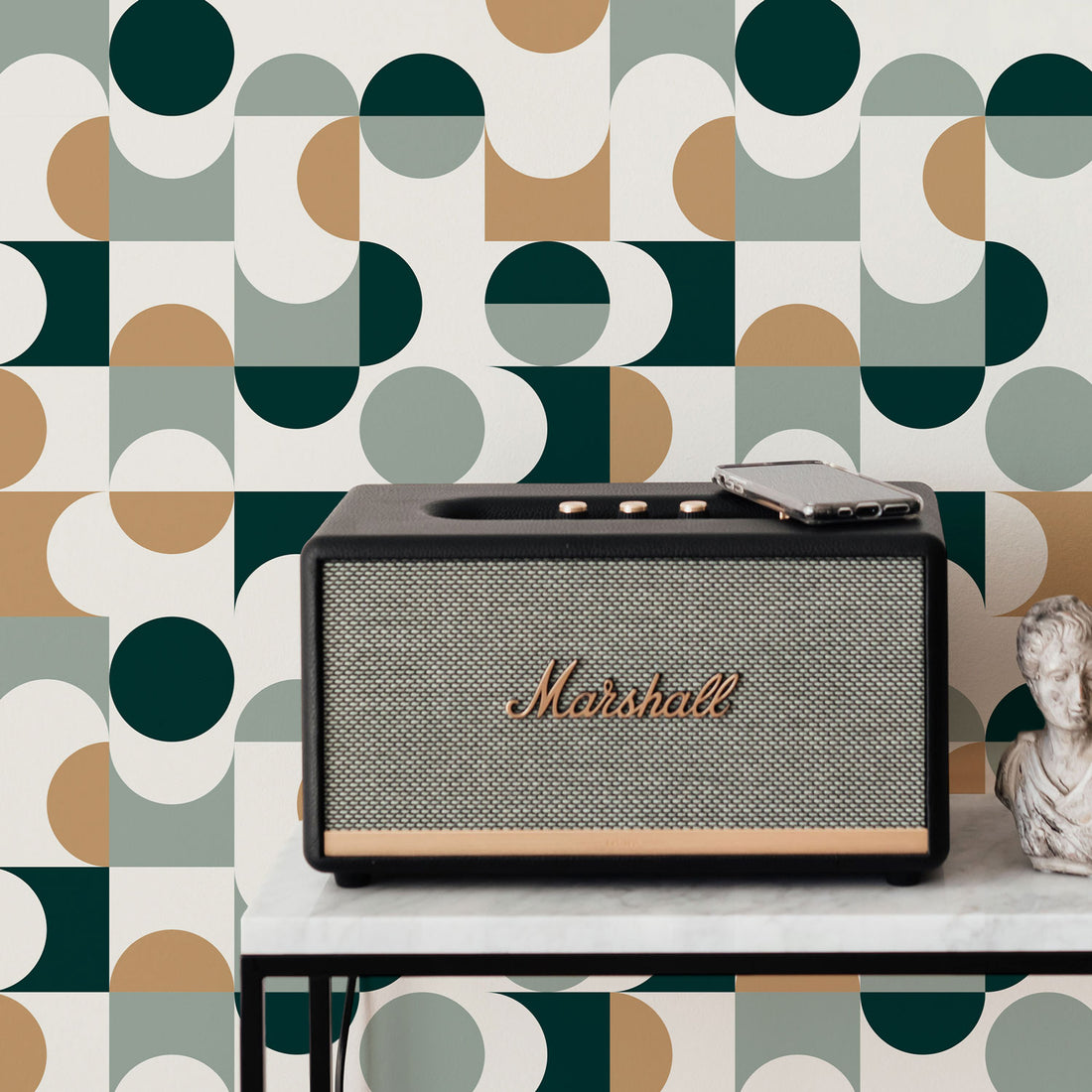 retro green geometric shapes wallpaper for living room