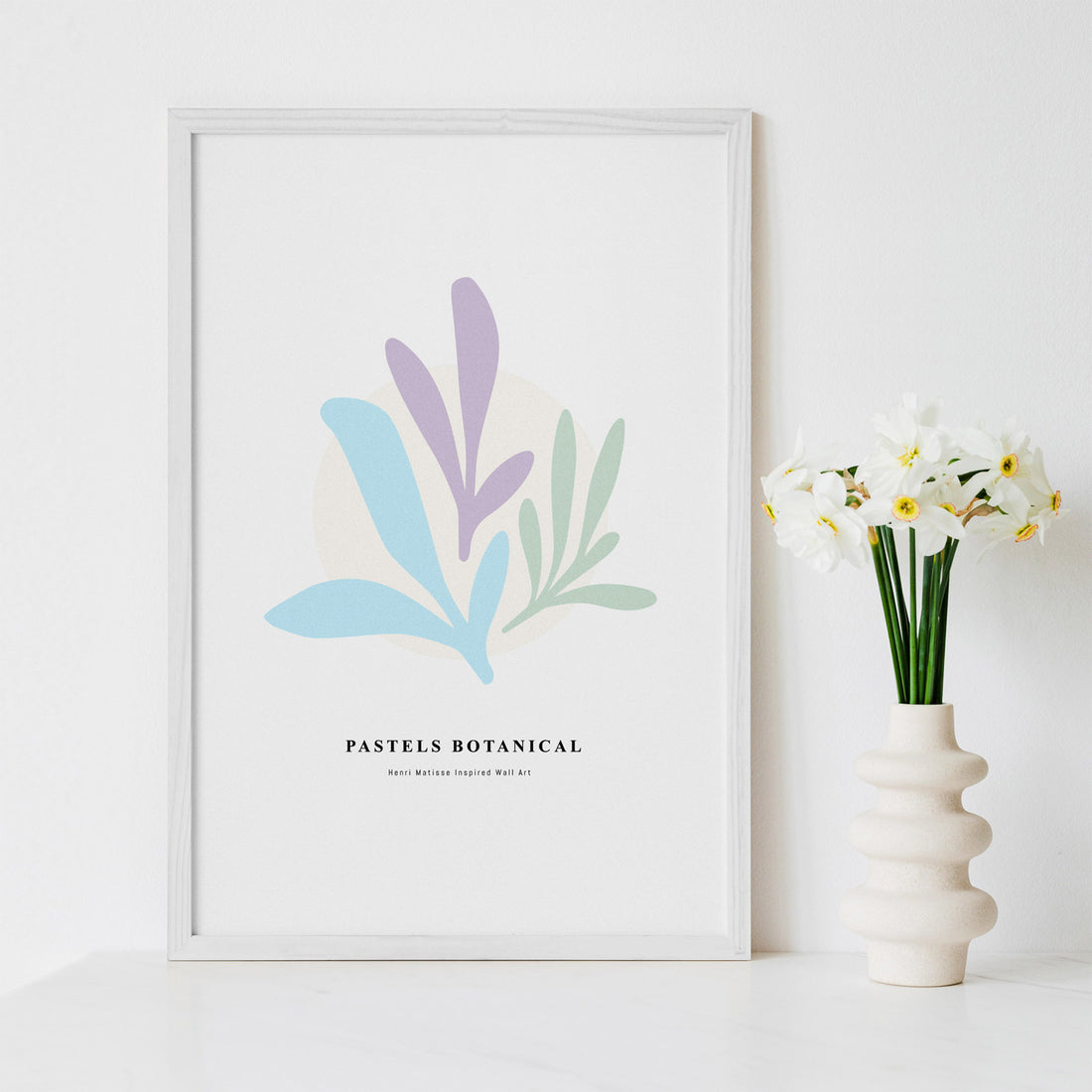 3 leaves art print in pastel colors