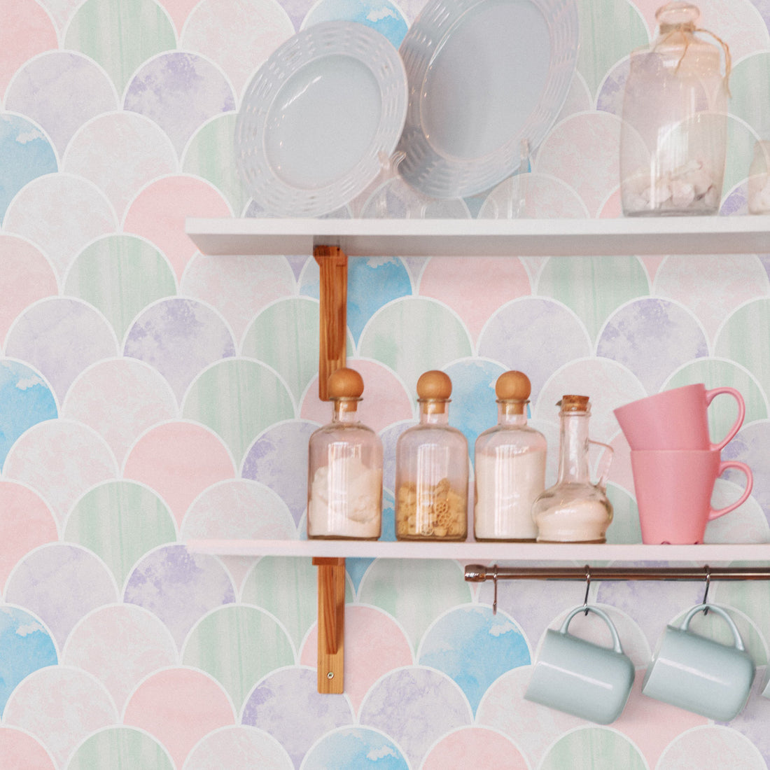 scalloped tiles inspired wallpaper design for kitchen