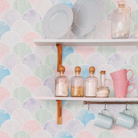 scalloped tiles inspired wallpaper design for kitchen