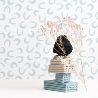 light blue lucky horseshoe print wallpaper design for living room