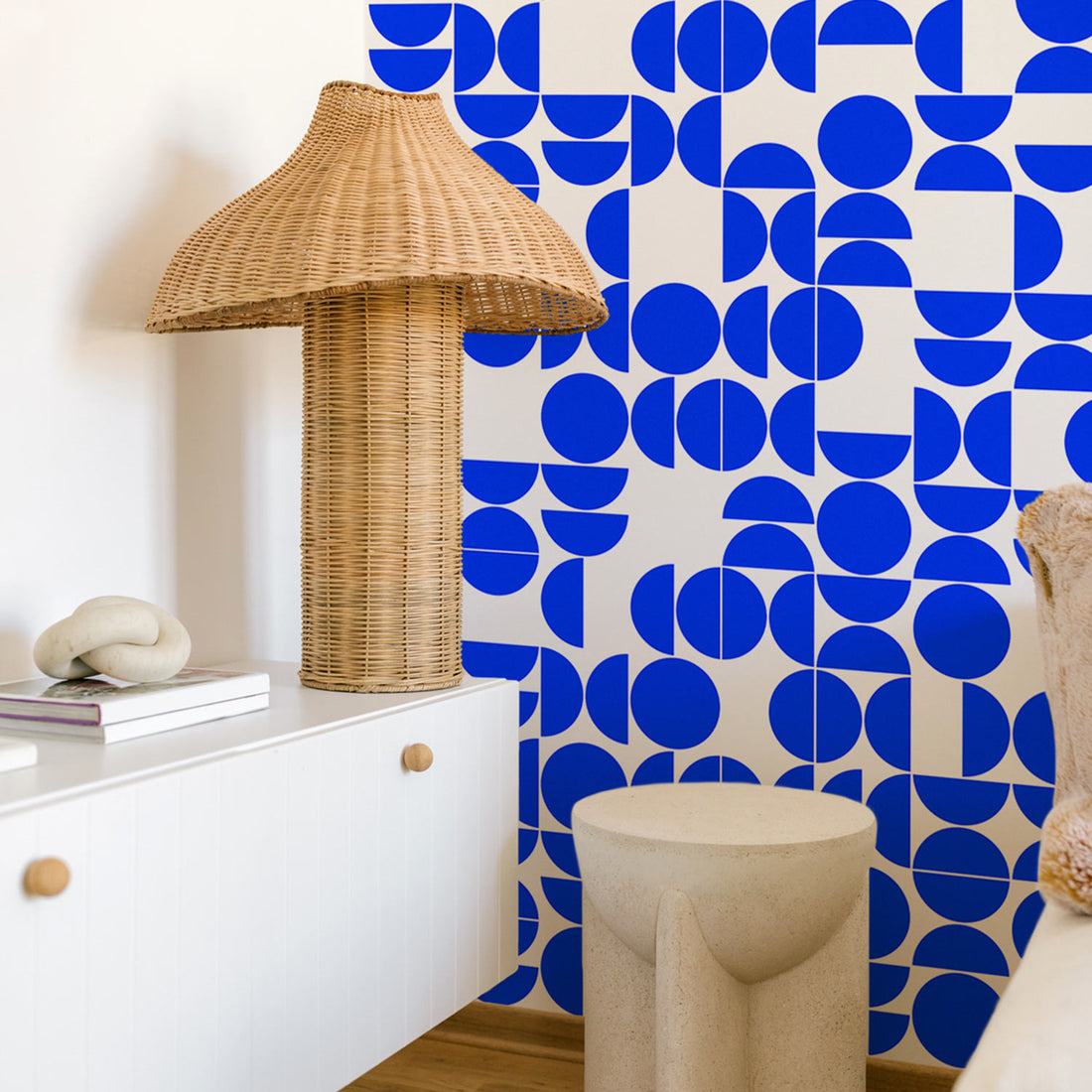 bright blue geometric shapes wall mural for danish inspired bedroom interior