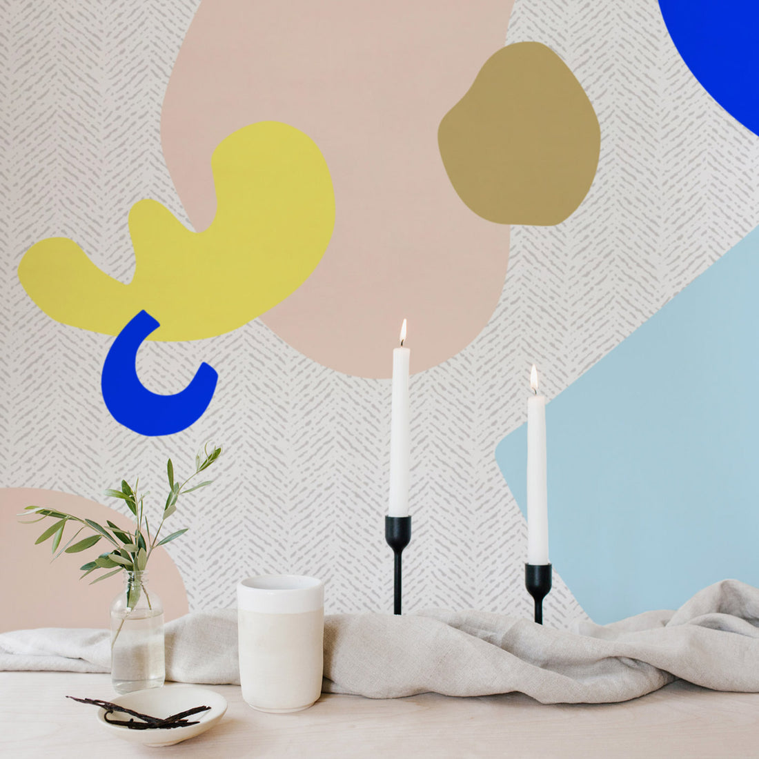 herringbone print wall mural with bright geometric shapes