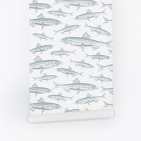 coastal theme wallpaper with blue fish pattern for kids bedroom