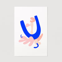 geoemtric shapes inspired by birds in pink and blue art print