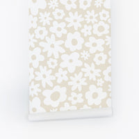 retro flowers pattern wallpaper in light beige for minimal bohemian style interior