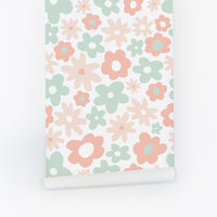 retro pastel flowers design removable wallpaper for fun kids bedroom