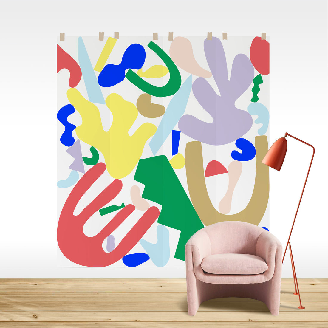 bright geometric shapes wall mural in pastel colors
