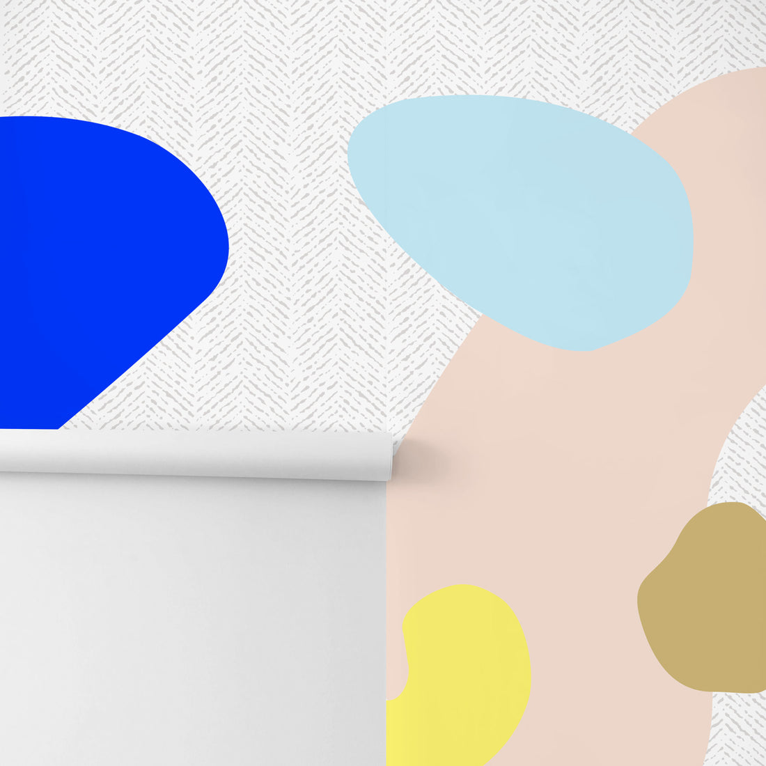 grey herringbone wall mural with abstract print shapes close up