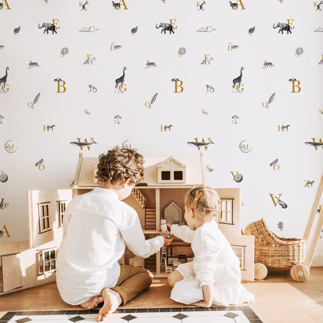abc pattern wallpaper with animal motif for kids playroom interior