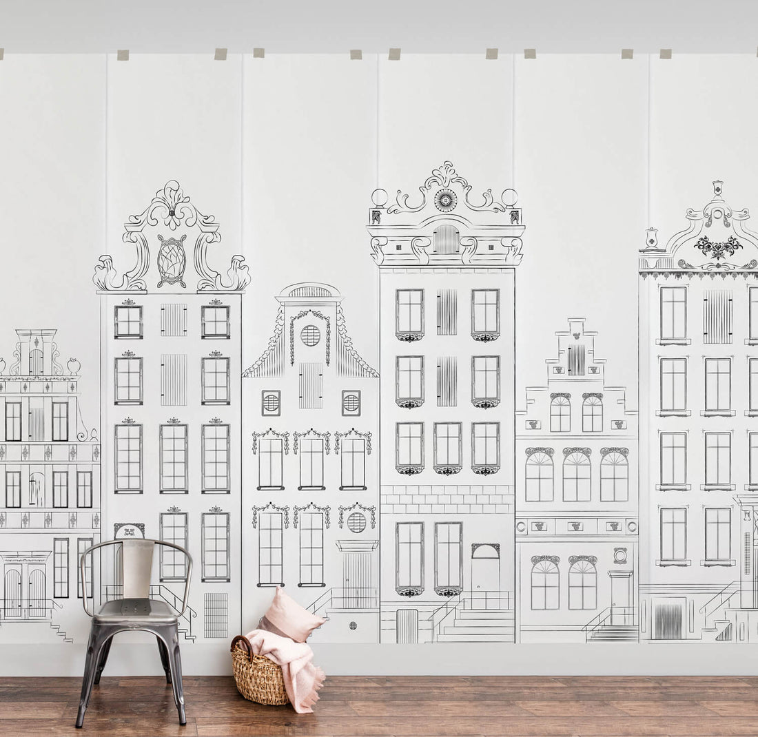 Houses of Amsterdam wall mural in pastel pink girls room interior