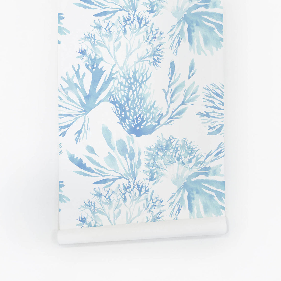beach house coral wallpaper in soft blue for powder room design