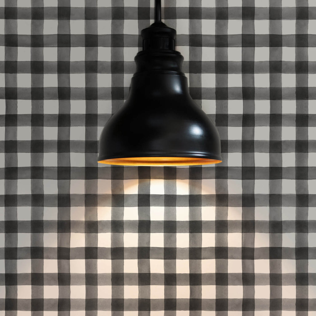 black plaid wallpaper in classic farmhouse interior