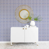 Mid century modern wallpaper with blue and yellow tiles