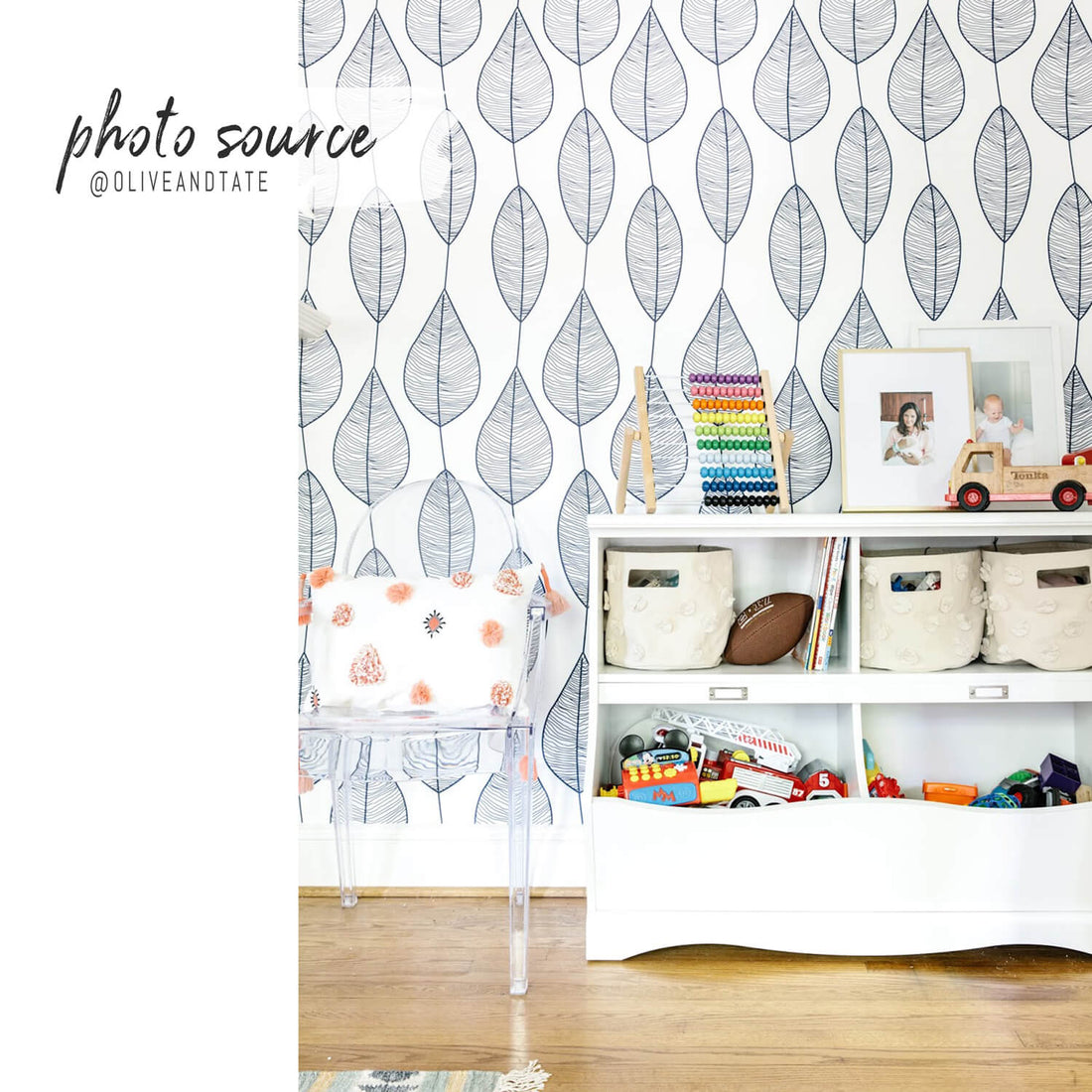 blue botanical leaves pattern removable wallpaper for kids playroom