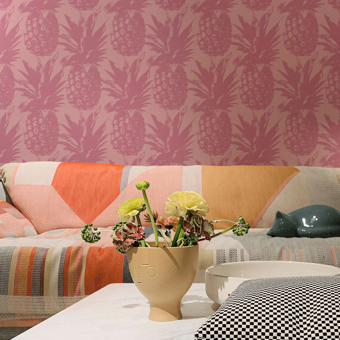 Modern pink pineapple design removable wallpaper in eclectic living room interior