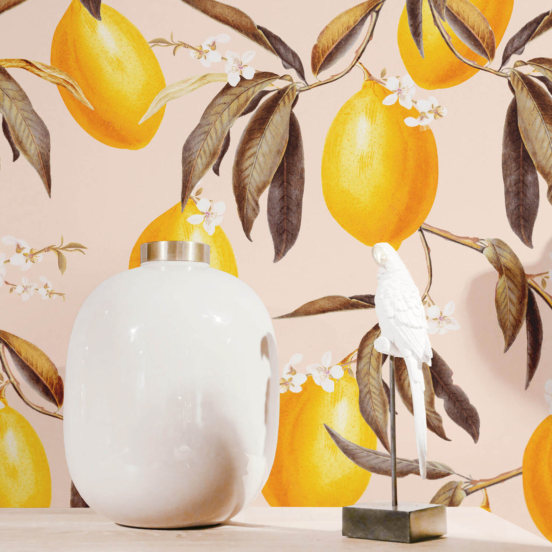 Vintage bohemian lemons removable wallpaper with light blush pink and yellow color