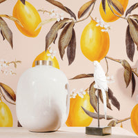 Vintage bohemian lemons removable wallpaper with light blush pink and yellow color