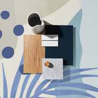 Coastal farmhouse kitchen and dining room mood board with abstract ocean style wall mural