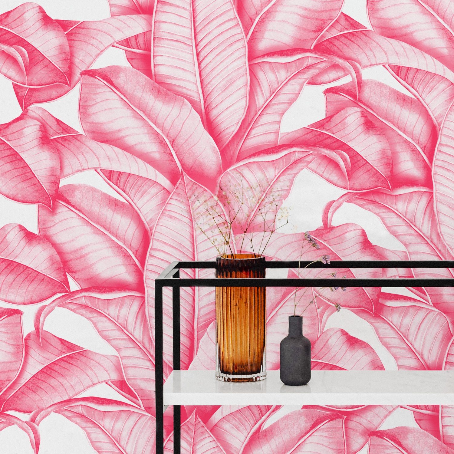 Banana Leaves Wallpaper, Palm Leaves Line Art Pattern Peel and Stick Wall  Mural.