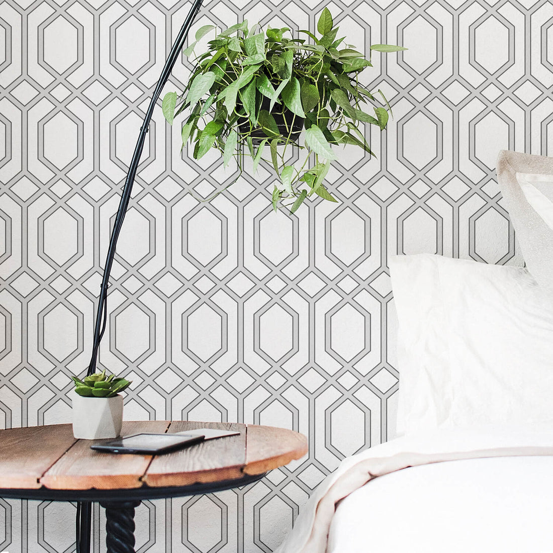 light farmhouse bedroom interior with moroccan inspired removable wallpaper