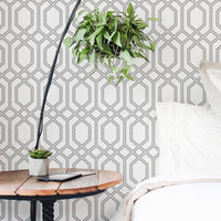 light farmhouse bedroom interior with moroccan inspired removable wallpaper