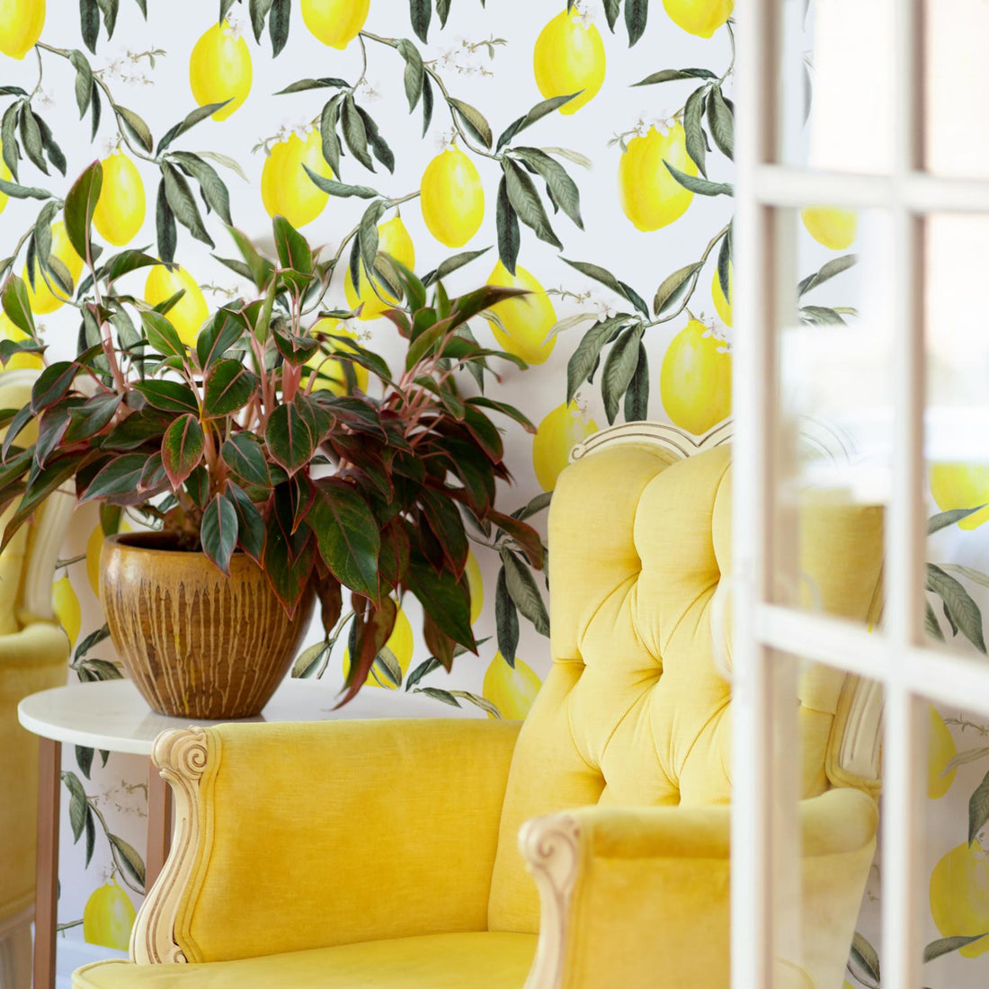mediterranean inspired lemon print wallpaper