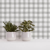 Grey watercolor buffalo check removable wallpaper for gender neutral nursery interior