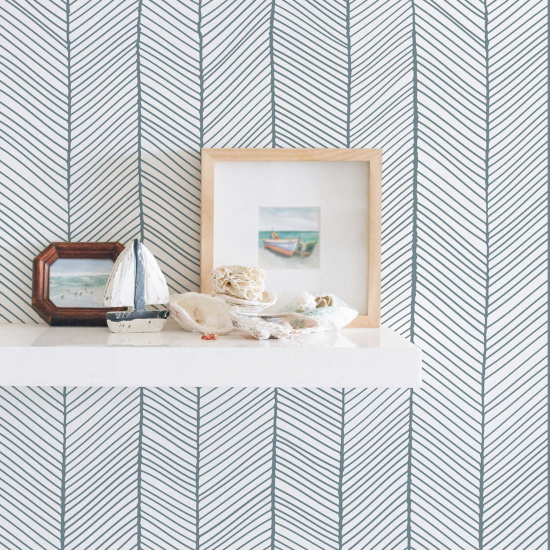 beach house inspired blue herringbone wallpaper design