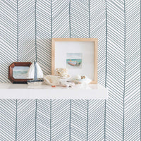 beach house inspired blue herringbone wallpaper design