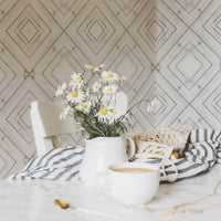 classic farmhouse dining room interior with diamond shape planks inspired wallpaper