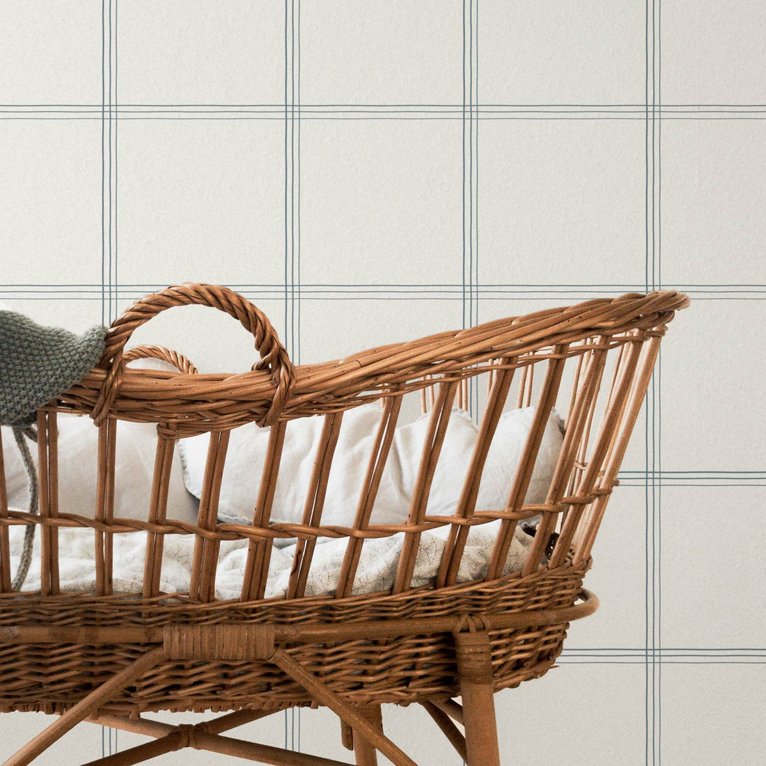 coastal nursery interior with blue plaid pattern removable wallpaper