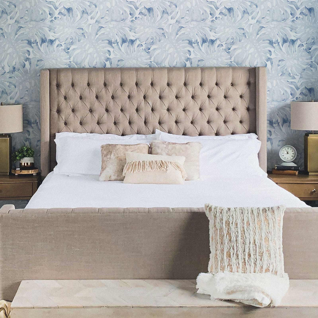 Modern coastal style meets farmhouse bedroom interior with blue tropical removable wallpaper
