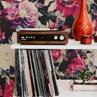 Bold peony design removable wallpaper in eclectic style living room interior