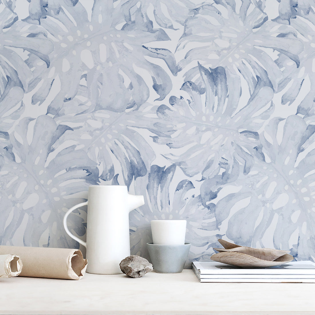 Rustic  beach house kitchen interior with blue palm leaf removable wallpaper