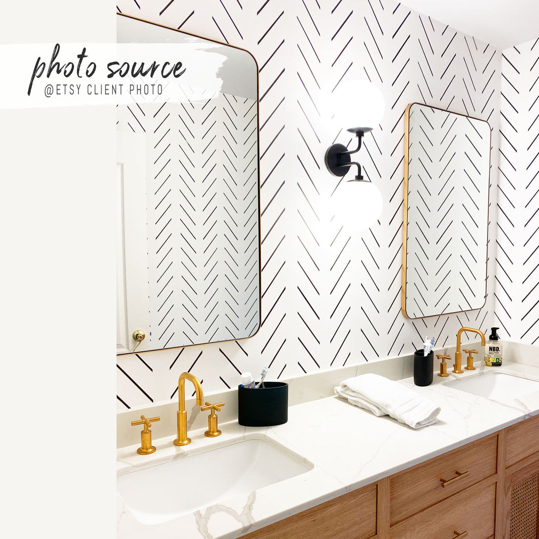 modern black and white chevron inspired wallpaper for bathroom interior