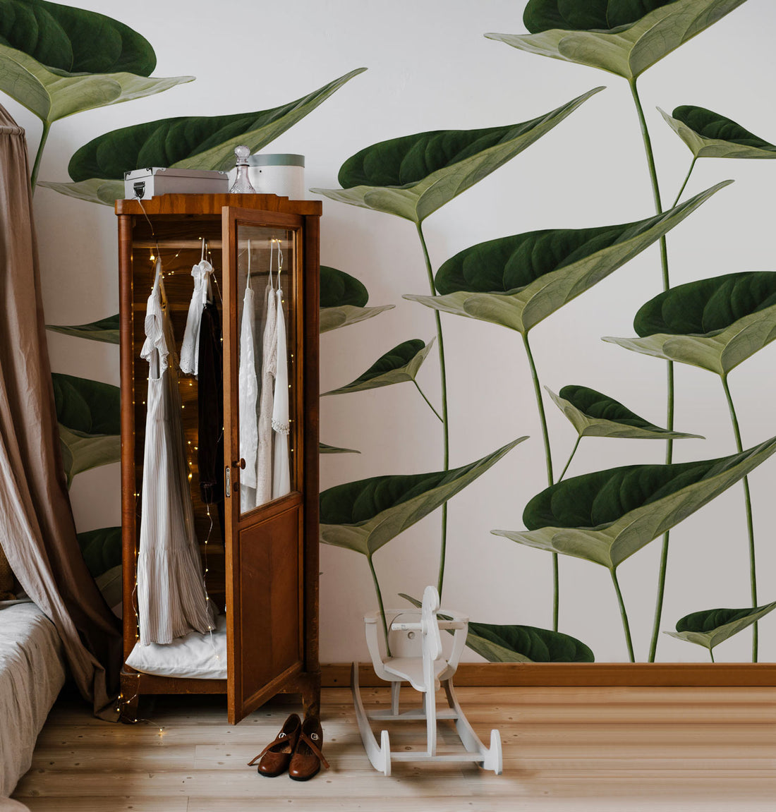 Fairy tale style girls bedroom interior with botanical removable wallpaper