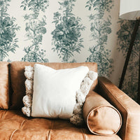farmhouse style living room interior with green toile print wallpaper