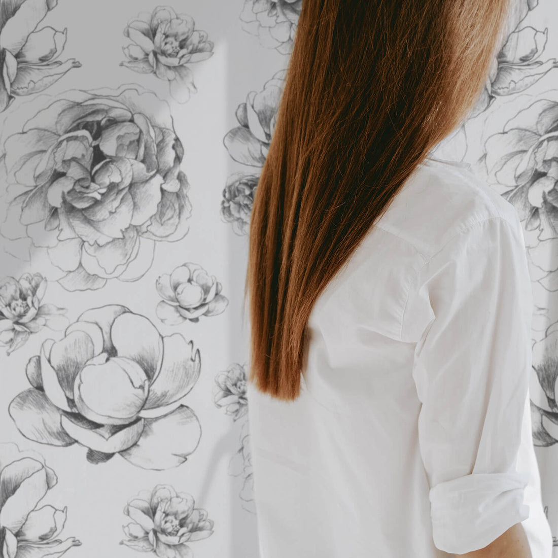 feminine farmhouse design bedroom interior with peony floral removable wallpaper