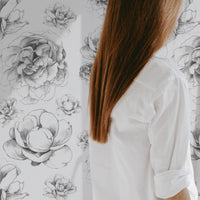 feminine farmhouse design bedroom interior with peony floral removable wallpaper