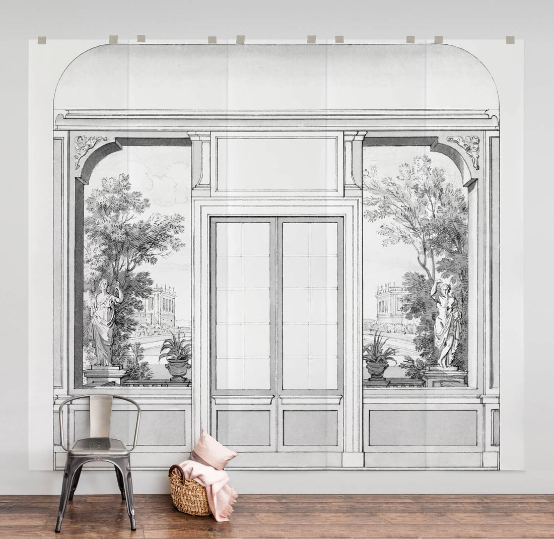 Grey vintage dutch garden scenery wall mural in soft pink bedroom interior