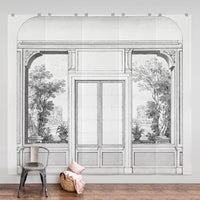 Grey vintage dutch garden scenery wall mural in soft pink bedroom interior