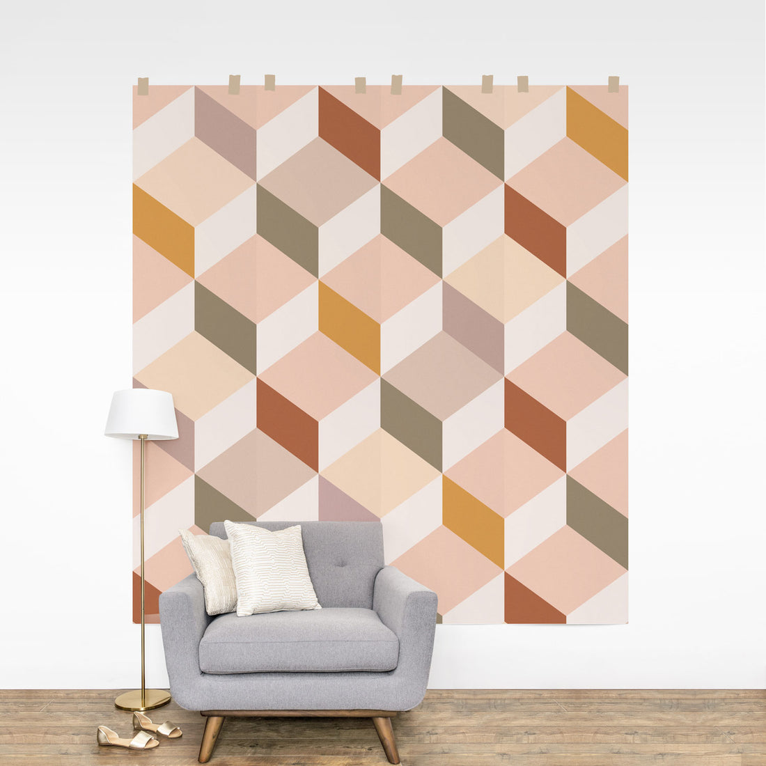 geometric cube pattern wall mural in pastel pink
