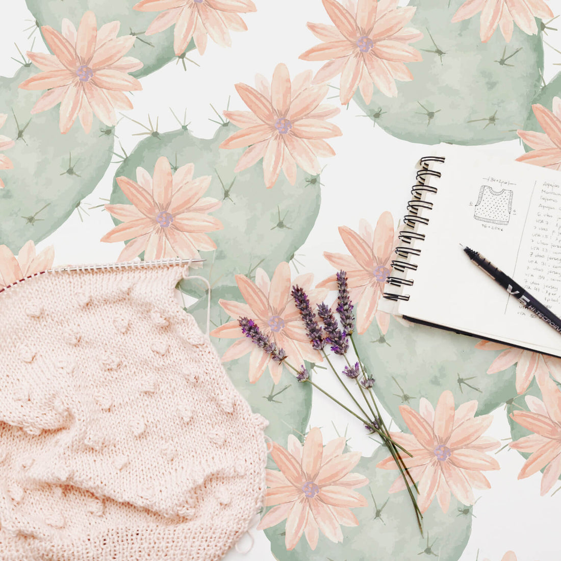 Boho cactus removable wallpaper in modern bohemian girls room interior