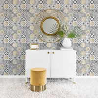 grey and faux gold removable wallpaper with tile design