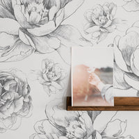 Grey vintage floral removable wallpaper with large peony print in boho interior