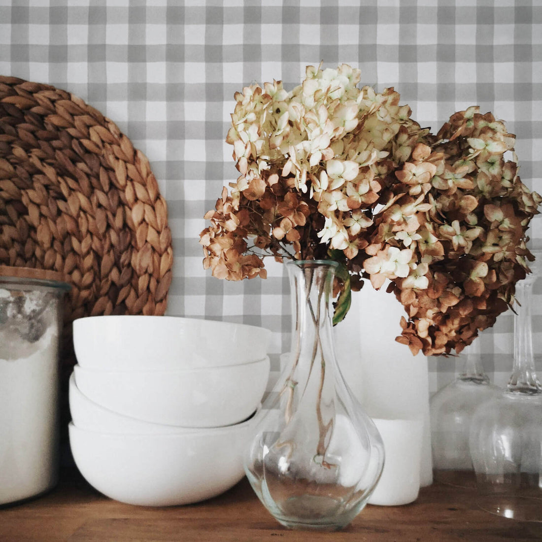 grey plaid removable wallpaper in modern farmhouse design kitchen interior shelf styling