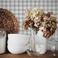 grey plaid removable wallpaper in modern farmhouse design kitchen interior shelf styling