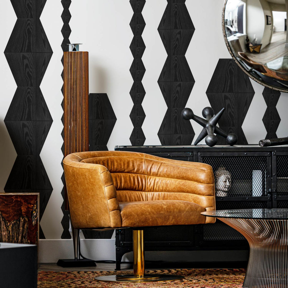 Abstract wood block design removable wallpaper in mid century modern living room interior