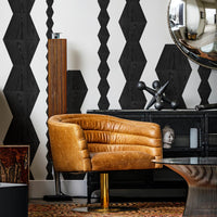 Abstract wood block design removable wallpaper in mid century modern living room interior